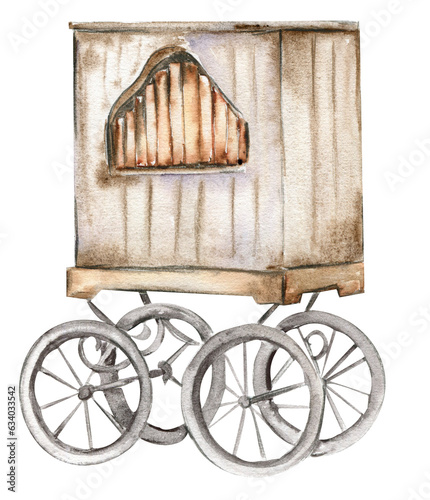 An old wooden hurdy-gurdy. Hand drawn watercolour perfect for greetings card, posters. Oktoberfest symbol.