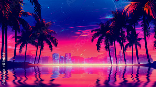 Summer seascape, sunset at sea, neon glow, AI generated