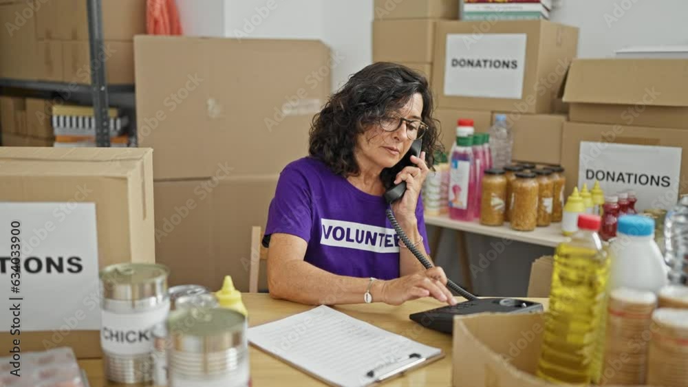 Middle age hispanic woman volunteer writing on document talking on telephone at charity center Middle age hispanic woman volunteer writing on document talking on telephone at charity center
