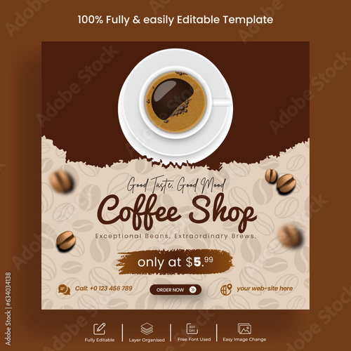 Social media posts for Coffee shop banner ads template design  cafe restaurant square flyer or poster design   coffee menu food promotional banner design