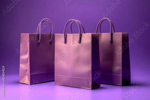 Mock up of three blank purple shopping bags isolated on purple background. Commercial advertising for black friday. photo