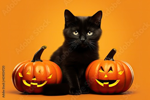 A black cat sitting next to two pumpkins © pham
