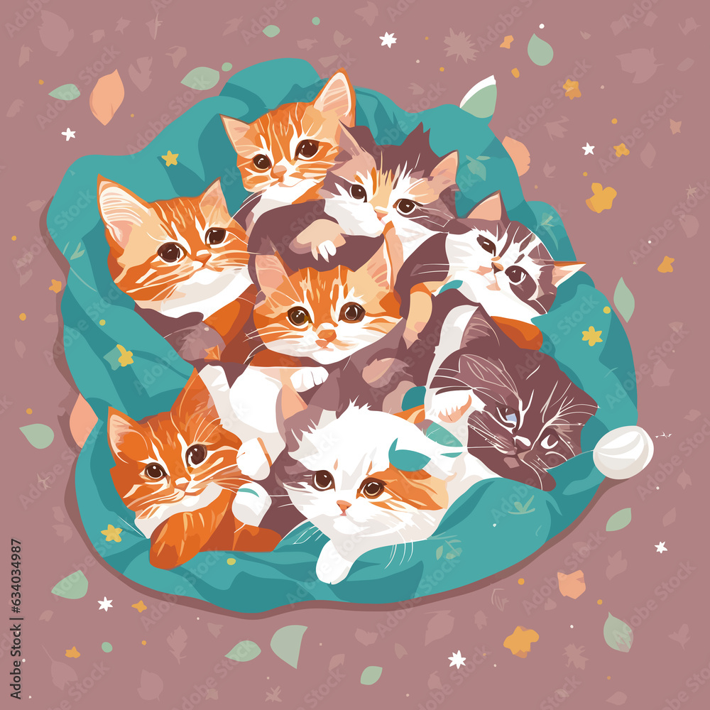 A group of adorable kittens cuddled up together in a cozy blanket fort A group of adorable kittens cuddled up together in a cozy blanket fort
