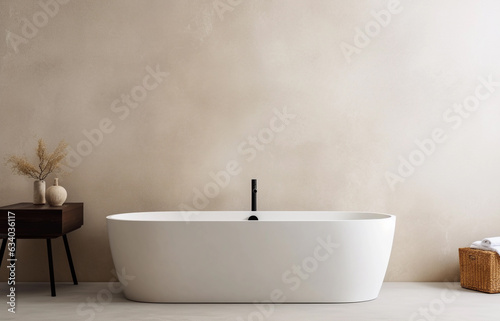 Modern bathroom interior with white tub and black table. Empty neutral wall for mockup. Promotion background.