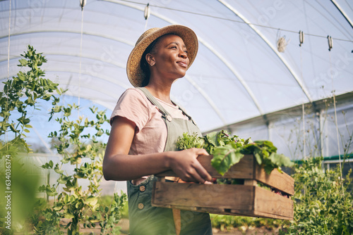 Smile, greenhouse and black woman on farm with vegetables in sustainable business, nature and sunshine. Agriculture, garden and happy female farmer in Africa, green plants and agro farming in field. photo