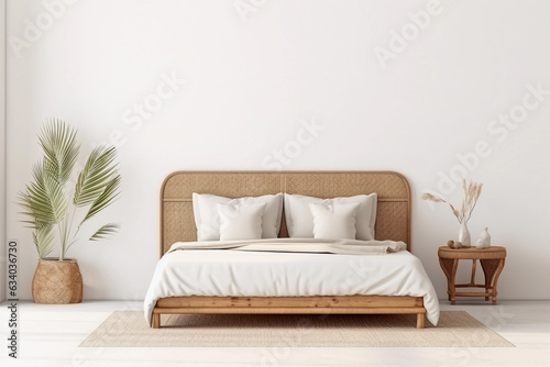 Modern boho bedrroom with white empty wall. Contemporary interior design with plants, bed and pillows. © Iryna