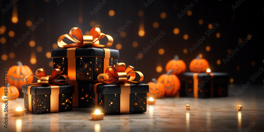 Black and gold gifts on the background of pumpkins. Black gift boxes ...