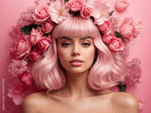 Beautiful girl with flowers. Stunning pink hair girl with big bouquet flowers of roses. Closeup face of young beautiful woman with a healthy clean skin. Pretty woman with bright makeup