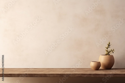 Boho beige copy space background. Monochrome minimalist empty table with vase. Wall scene mockup product for showcase, Promotion background.