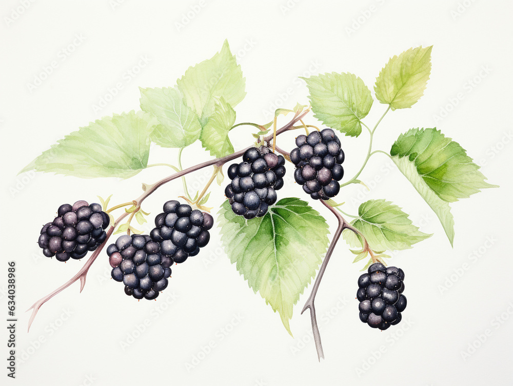 A Minimal Watercolor Painting of Blackberries Growing on a Farm A Minimal Watercolor Painting of Blackberries Growing on a Farm