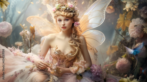 Beautiful fairy with wings in a fantasy magical enchanted forest with butterflies. fairy magic goddess nature transparent wings. generative ai 