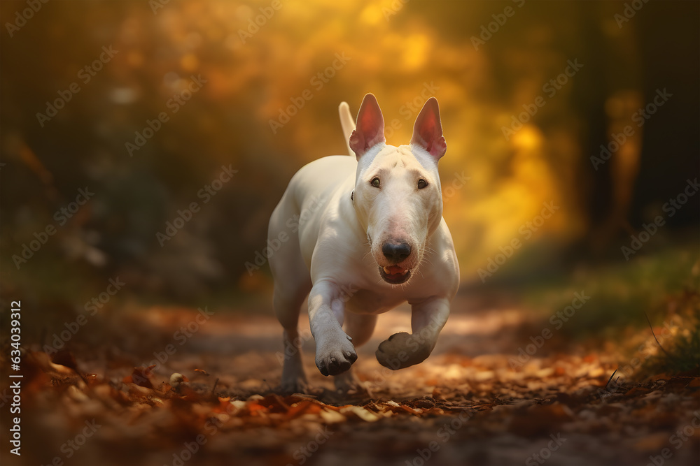 Dog Bull Terrier walking in the park , autumn