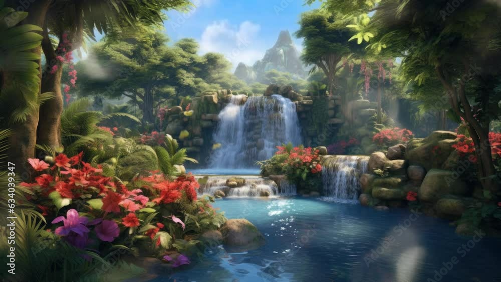 beautiful nature landscape waterfall in the jungle with butterfly. seamless looping time-lapse virtual 4k video animation background.