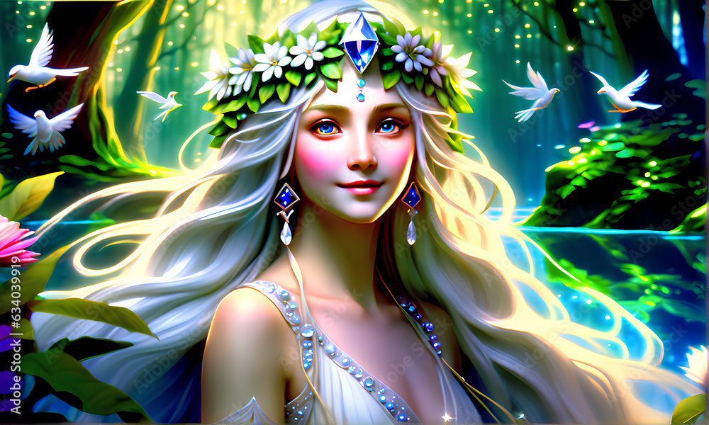 She merges with the forest, radiating a sacred tranquility that inspires awe. Amid this magical woodland, she is the most beautiful, mysterious presence, akin to reality within a dream.