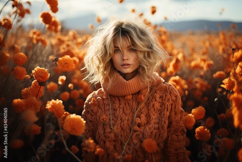 Blonde Beauty in Orange Sweater: Confident Stance. Stylish and Vibrant Attire. Radiating Elegance and Fashion Flair. Striking Presence in Orange Hue. Generative Ai