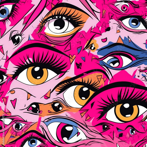 design blue doodle eye graphic illustration pink abstract background seamless pattern. Generative AI.