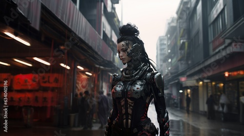 Cyberpunk futuristic android robot cyborg woman in armored suit. Generative AI illustration.