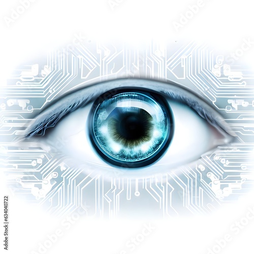 Eye technology concept, white background closeup of a single eye