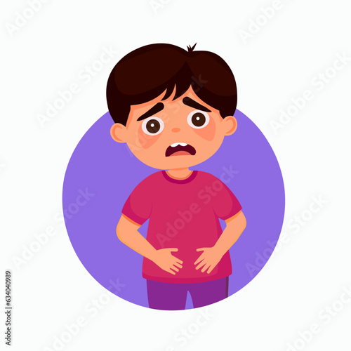 Stomach disease, intestinal disorder. Sick child holding belly. Isolated Vector illustration.