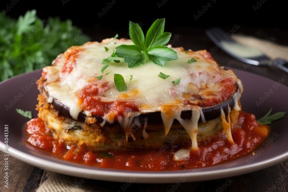 Eggplant Parmesan: A Delectable, Savory Italian Dish with a Perfectly Fried Crisp Crust, Tangy Tomato Sauce, and Layers of Cheese