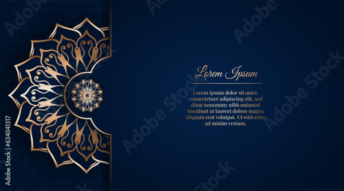 luxury blue background, decorated with golden mandala ornaments
