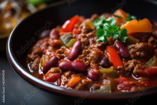 Chili con Carne, loaded with vibrant tomatoes, peppers, and spices, is a flavorful, hearty, and homemade Tex-Mex dish - a savory and bold delight in a macro shot!