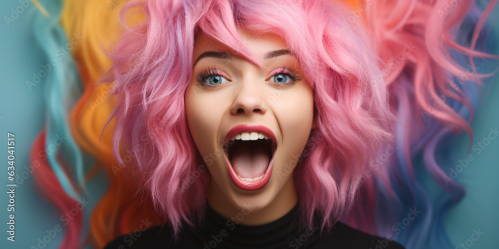screaming woman with open mouth and pink hair