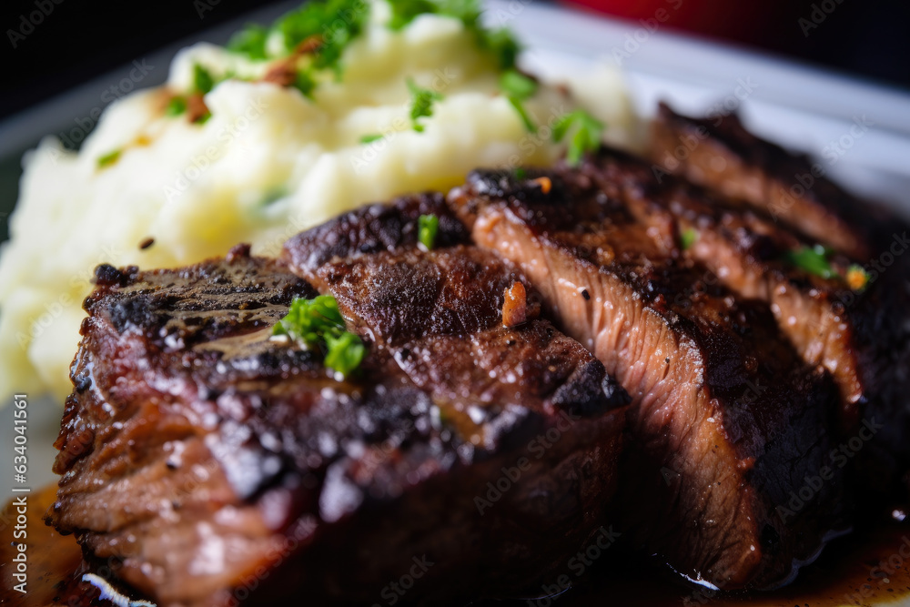 Churrasco steak with succulent grill marks, served with creamy mashed potatoes in a mouth-watering macro shot. Churrasco steak with succulent grill marks, served with creamy mashed potatoes in a mouth-watering macro shot.