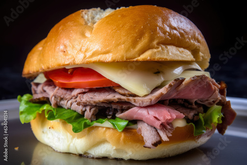 A classic roast beef sandwich with Swiss cheese, lettuce, tomato, and mayo, served on a brioche bun, captured in a mouth-watering macro shot.