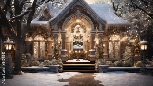 the enchanting beauty of a snow-covered garden adorned with glimmering holiday decorations  such as sparkling snowflake ornaments  and fairy lights wrapped around trees