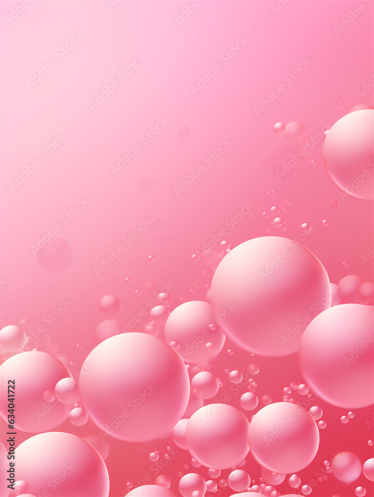 Pastel pink transparent soap bubbles on pink background, ai generated