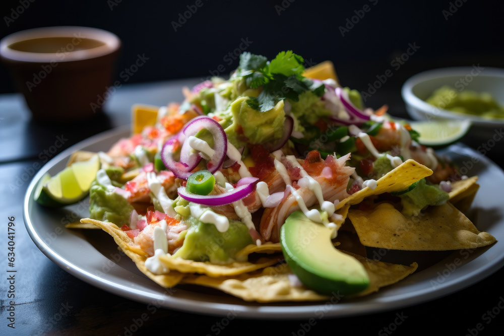 Ceviche Nachos with Spicy Jalapeno, Tangy Sour Cream, and Fresh Guacamole: A Flavorful and Healthy Gourmet Mexican Fusion Appetizer for Outdoor Dining Ceviche Nachos with Spicy Jalapeno, Tangy Sour Cream, and Fresh Guacamole: A Flavorful and Healthy Gourmet Mexican Fusion Appetizer for Outdoor Dining