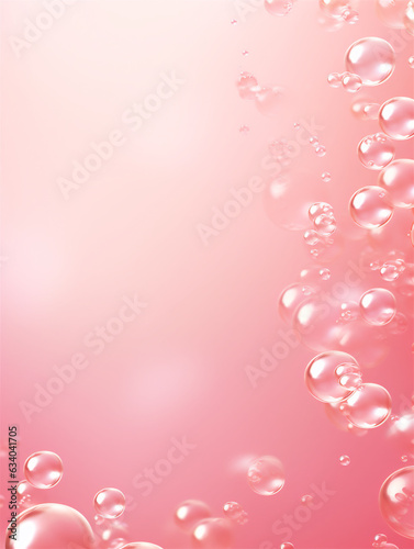 Pastel pink transparent soap bubbles on pink background, ai generated