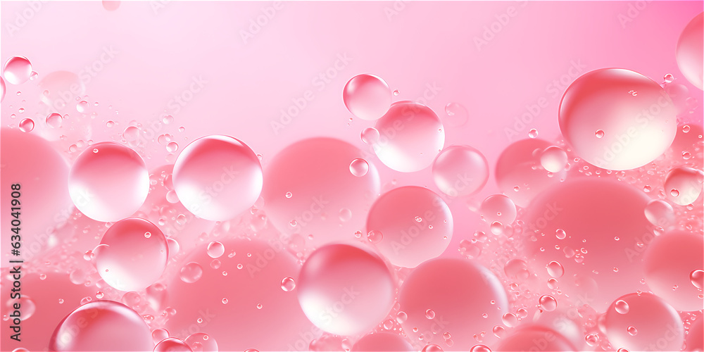 Pastel pink transparent soap bubbles on pink background, ai generated