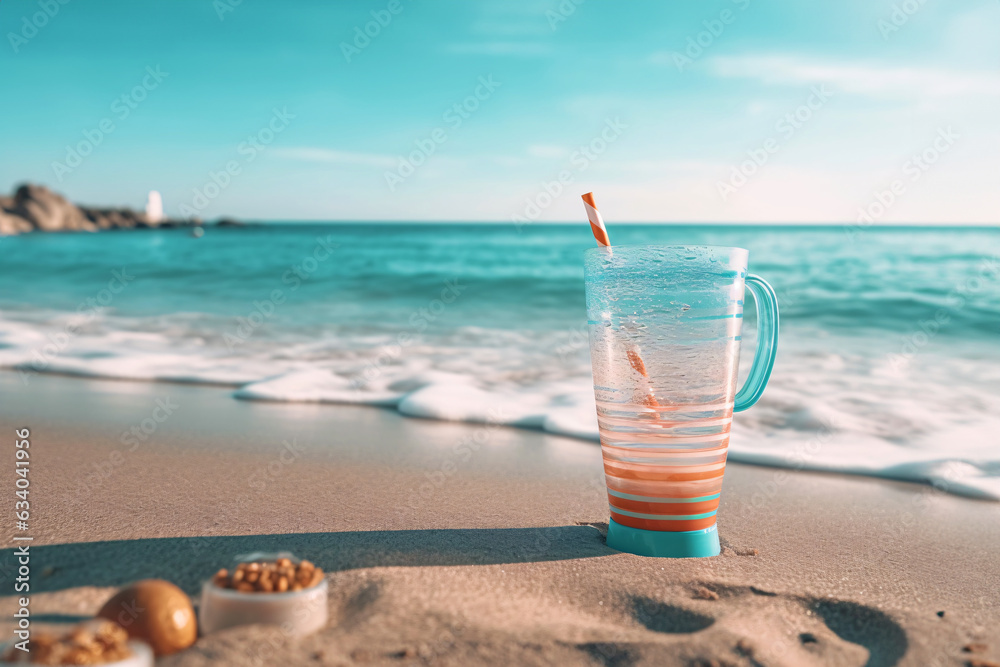 Cocktail on the beach with sea and blue sky background.