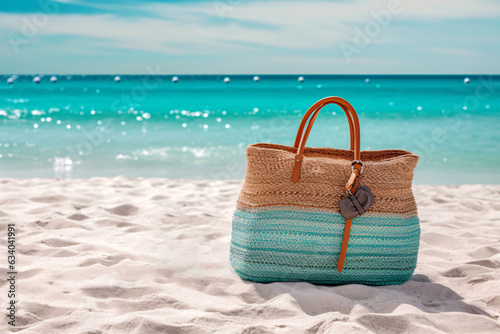 Beach bag on white sand beach with turquoise sea background