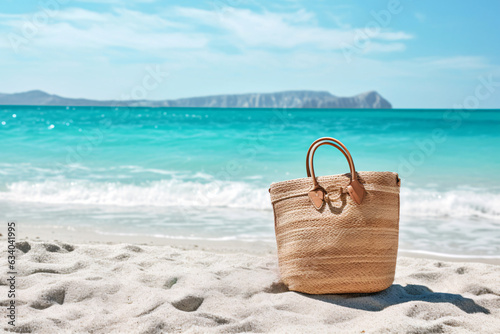 Beach bag on the sand near the sea. Vacation concept