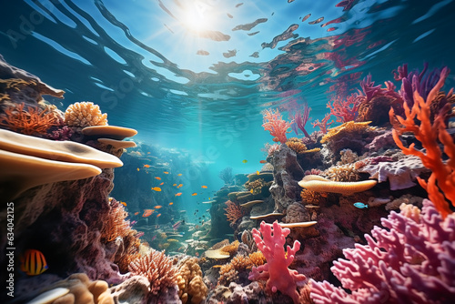 Beautiful scenery of underwater coral reefs shining in the sunlight from the sky. The concept of ecology. 