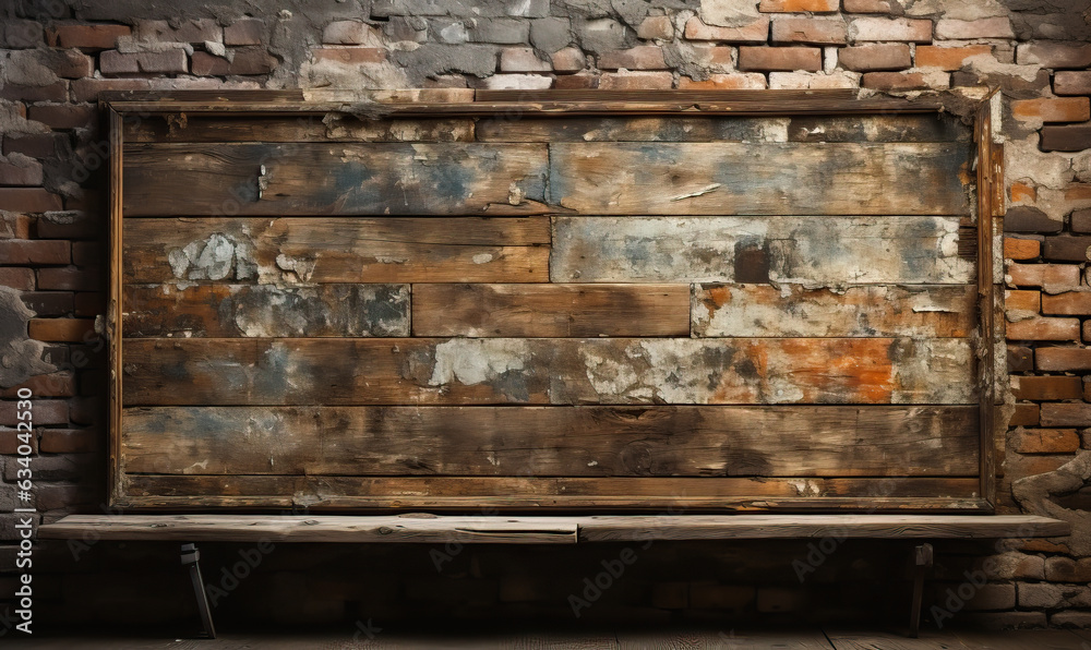 Frame from old boards on an old brick wall.