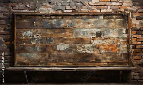 Frame from old boards on an old brick wall.