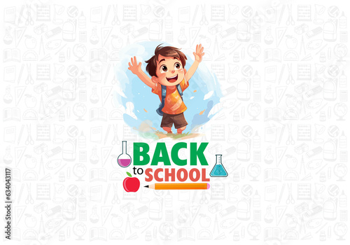 A joyful, smiling child having fun leaping on a white background. Back to School Illustration