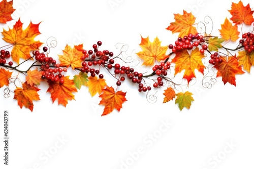horizontal garland with red  orange  brown and yellow autumn leaves on a white background. 