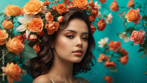 Beautiful girl with flowers. Stunning brunette girl with big bouquet flowers of roses. Closeup face of young beautiful woman with a healthy clean skin. Pretty woman with bright makeup