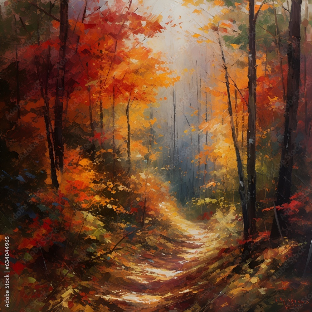 A vibrant autumn forest, ablaze with hues of red, orange, and gold, capturing the beauty of nature's transformation - Generative AI