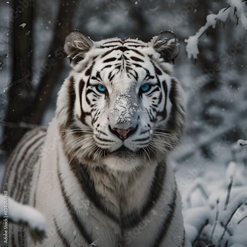 A majestic white tiger  with piercing blue eyes  standing confidently amidst a snowy landscape - Generative AI