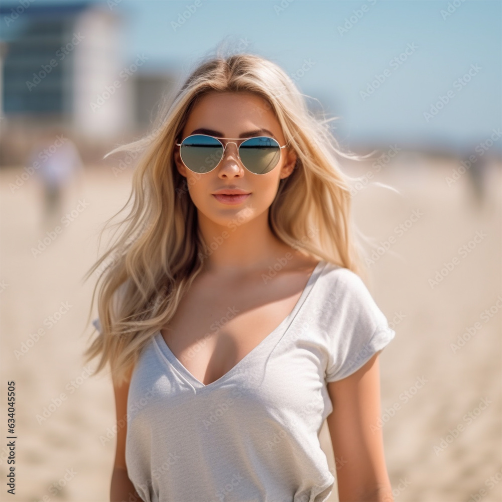 happy young woman with blond hair in sunglasses walking along the seashore on a sunny day .concept of travel vacation and tourism. happy young woman with blond hair in sunglasses walking along the seashore on a sunny day .concept of travel vacation and tourism.