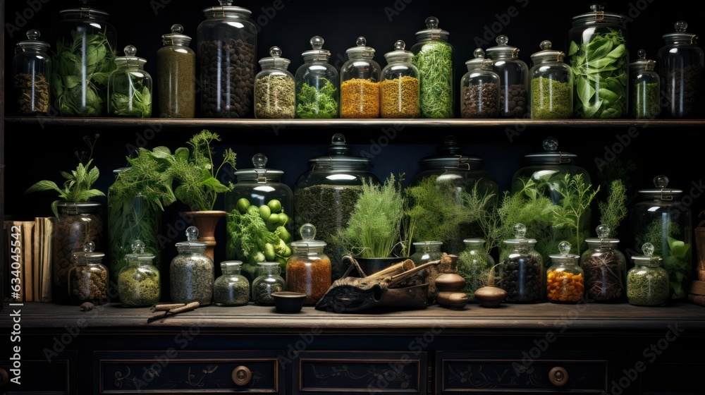 shelves with many glass bottles and herbs in a room or greenhouse .Herbal apothecary aesthetics.rustic style. home of a healer or medicine man. 