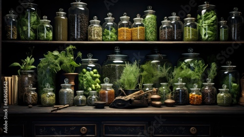 shelves with many glass bottles and herbs in a room or greenhouse .Herbal apothecary aesthetics.rustic style. home of a healer or medicine man. 