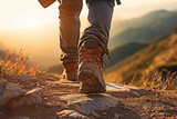 Lifestyle concept for vacation or travel with closeup of trekking shoes hiking on top of natural mountain.