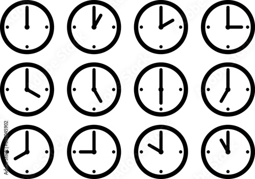 シンプルな時計のアイコンの12時間セット（clock icon）